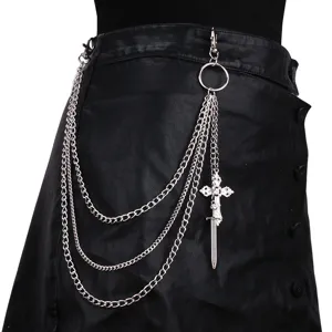 Punk silver metal multi-layer waist chain with cross dagger pendant for streetwear fashion.