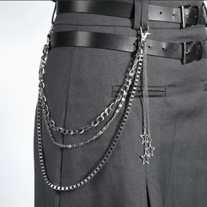Metal pants chain detail close-up showcasing multi-layer punk hip hop waist chain design.