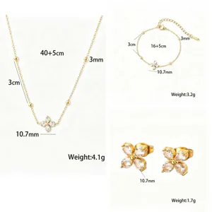 Minimalist clover zircon titanium steel jewelry set necklace bracelet earrings fashion style.