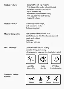 Professional athletic five-toe yoga socks detail graphic showing breathability and anti-slip.