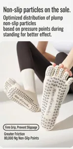 Detail shot of women's yoga five-toe socks with anti-slip grip granules on sole.