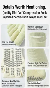 Detail view of five-toe yoga socks with anti-slip grip dots and breathable cotton fabric.