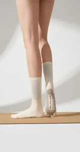 Women yoga five toe grip socks detail view, anti slip pilates socks for fitness training.
