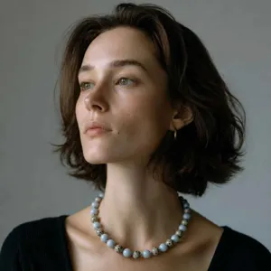 Vue détaillée d'un collier ras du cou tendance avec des perles bleu clair et mouchetées.