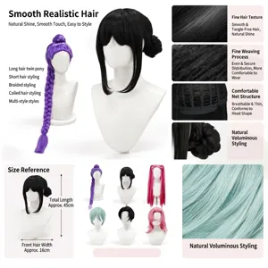 Detailed view of cosplay synthetic wig showcasing hair texture, mesh cap and styling options.