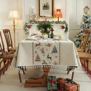 Christmas jacquard tablecloth festive table cover with fringe for dining room decor