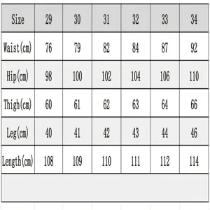 Detailed size chart showing waist hip thigh and length measurements for men denim jeans.