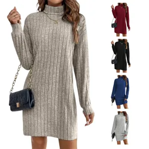 Women Ribbed Knit Long Sleeve Turtleneck Midi Dress Slim Fit Brushed Striped Pullover Bodycon Autumn Fashion Casual Dress