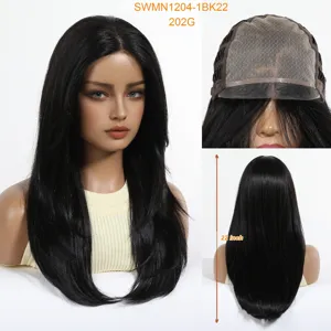 Black long straight wig glueless monofilament cap natural synthetic hair 22 inch daily wear.