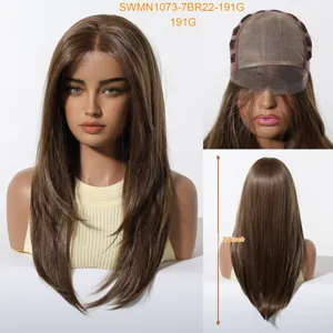 Detailed display of long brown layered straight wig featuring mono cap structure and 22 inch length.