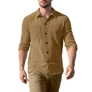 Camicia da uomo a manica lunga in pesante velluto a coste, colore kaki unito, bottoni.