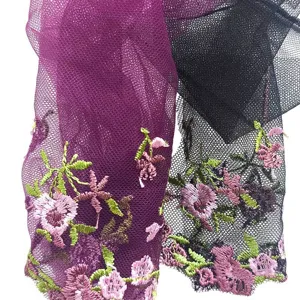 Detailed view of heavy colorful embroidered lace mesh fabric trim, perfect for DIY sewing crafts.