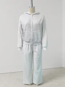 Casual heather grey women zip hoodie and wide leg sweatpants two piece tracksuit set