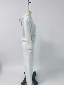 Detail view of casual grey zip-up hoodie and sweatpants set, comfortable daily wear style.