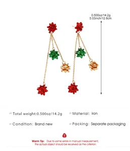 Christmas bow long drop earrings red green gold metallic festive party jewelry gift