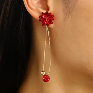 Red bow rhinestone long dangle earrings, holiday party fashion jewelry, elegant gift option for women.