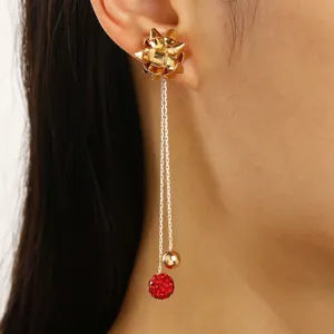 Gold bowknot long tassel earrings with red crystal ball for Christmas holiday party styling