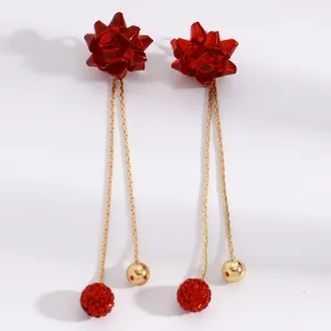 Red bow long tassel earrings with sparkling rhinestone balls for Christmas party gift.