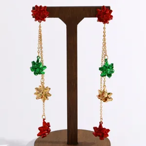 Christmas long bow earrings red green gold dangle drop holiday party fashion jewelry gift
