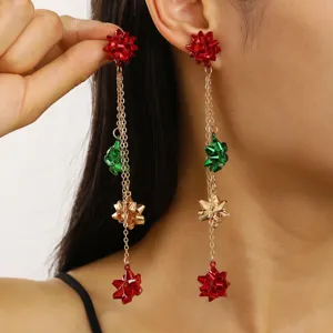Christmas Bow Knot Tassel Drop Earrings For Women Iron Rhinestone Holiday Party Jewelry Gift Dangle Earrings Red Green Gold