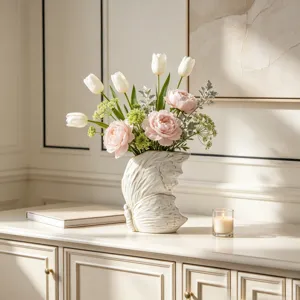 Vaso in ceramica bianca a farfalla con bouquet floreale artificiale, dettaglio decorativo da tavolo.