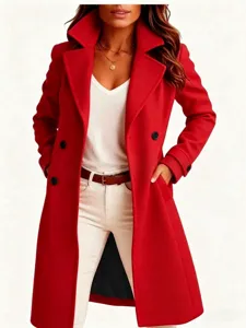 Detail view of womens lapel wool trench coat mid-length double breasted winter outerwear.