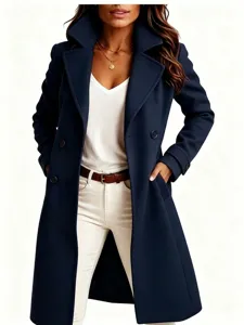 Women's dark blue wool blend trench coat lapel long winter jacket apparel detail view