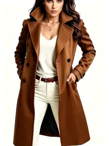 Women's long wool blend trench coat with lapel double breasted winter outerwear chic.