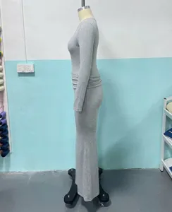 Grey women two piece set long sleeve top and high waist flared pants casual outfit