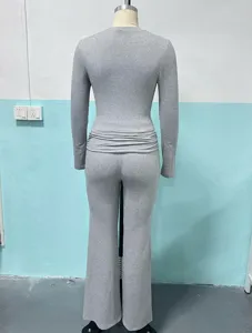 Grey long sleeve top and matching flared trousers two-piece set, detailed back view.