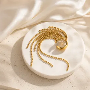 Detailed close-up of golden stainless steel ear cuff featuring elegant chain tassels.
