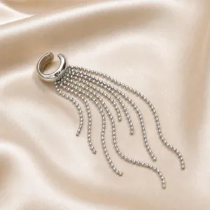 Detailed showcase of stainless steel clip-on ear cuff featuring delicate tassel bead chains.