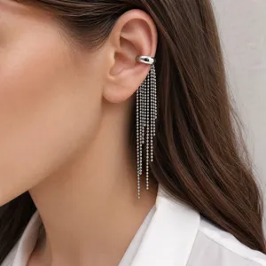 Stainless steel ear cuff detail showing delicate multi-strand chain tassels worn on ear.
