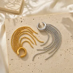 Stainless steel non-pierced ear cuff with beaded tassel luxury gold and silver jewelry