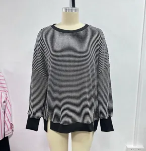 Γυναικείο casual ριγέ πουλόβερ με στρογγυλή λαιμόκοψη, χαλαρό πλεκτό τοπ για το χειμώνα.