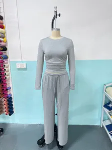 Grey long sleeve top and sweatpants lounge set casual sportswear comfortable knit outfit