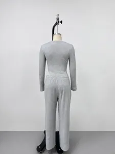 Women solid color round neck long sleeve casual sportswear yoga two piece set fashion