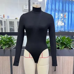 Black turtleneck long sleeve bodysuit women casual slim fit thong romper top basic.