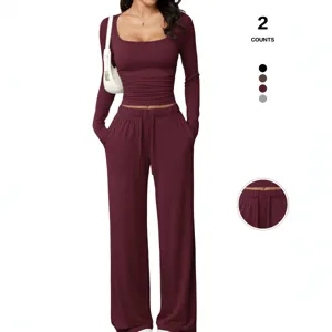 Women two piece casual lounge set long sleeve crop top and wide leg pants with pocket.