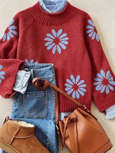 Red floral knitted sweater pullover matching denim jeans bucket bag cozy autumn winter style