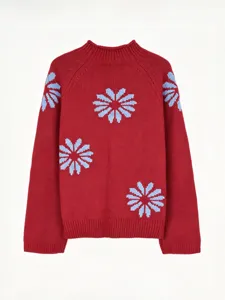 Red knit sweater detail, floral pattern jacquard design, ribbed mock neck and cuffs.