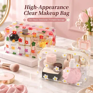 Women Clear Floral Waterproof PVC Makeup Bag Portable Large Capacity Ins Flower Toiletry Travel Organizer Wash Bag