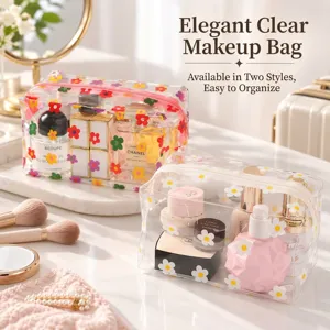 Clear floral transparent makeup bag, waterproof large capacity cosmetic travel storage pouch for women.
