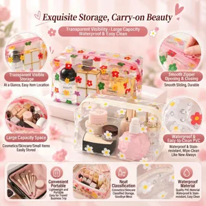 Transparent waterproof cosmetic bag with colorful flower print, large capacity travel organizer.