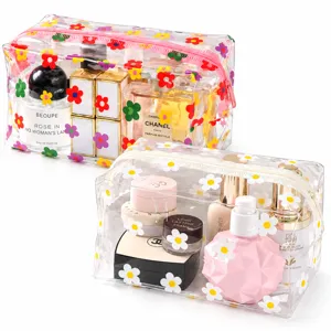 Clear waterproof makeup bag with cute daisy floral print, large capacity travel pouch for women.
