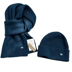 Dark blue knit beanie and scarf set winter warm woolen hat and long scarf 2-piece combo for women