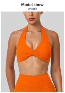 Orange halter yoga sports bra with cross strap design, fitness activewear fitness top.