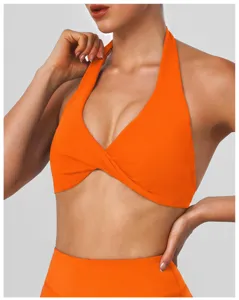 Halter hollow yoga sports bra women fitness running workout activewear top with removable pads