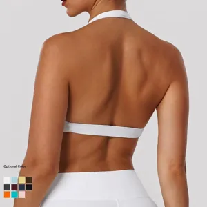 Women white halter backless sports bra yoga gym fitness crop top activewear apparel