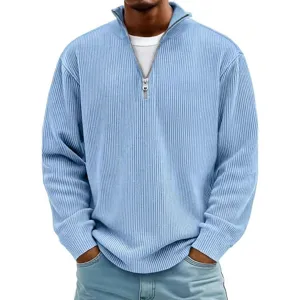 Herren Cord-Sweatshirt mit Viertelreißverschluss Stehkragen Langarm Casual Einfarbig Rippenstruktur Top Herbst Winter Mode